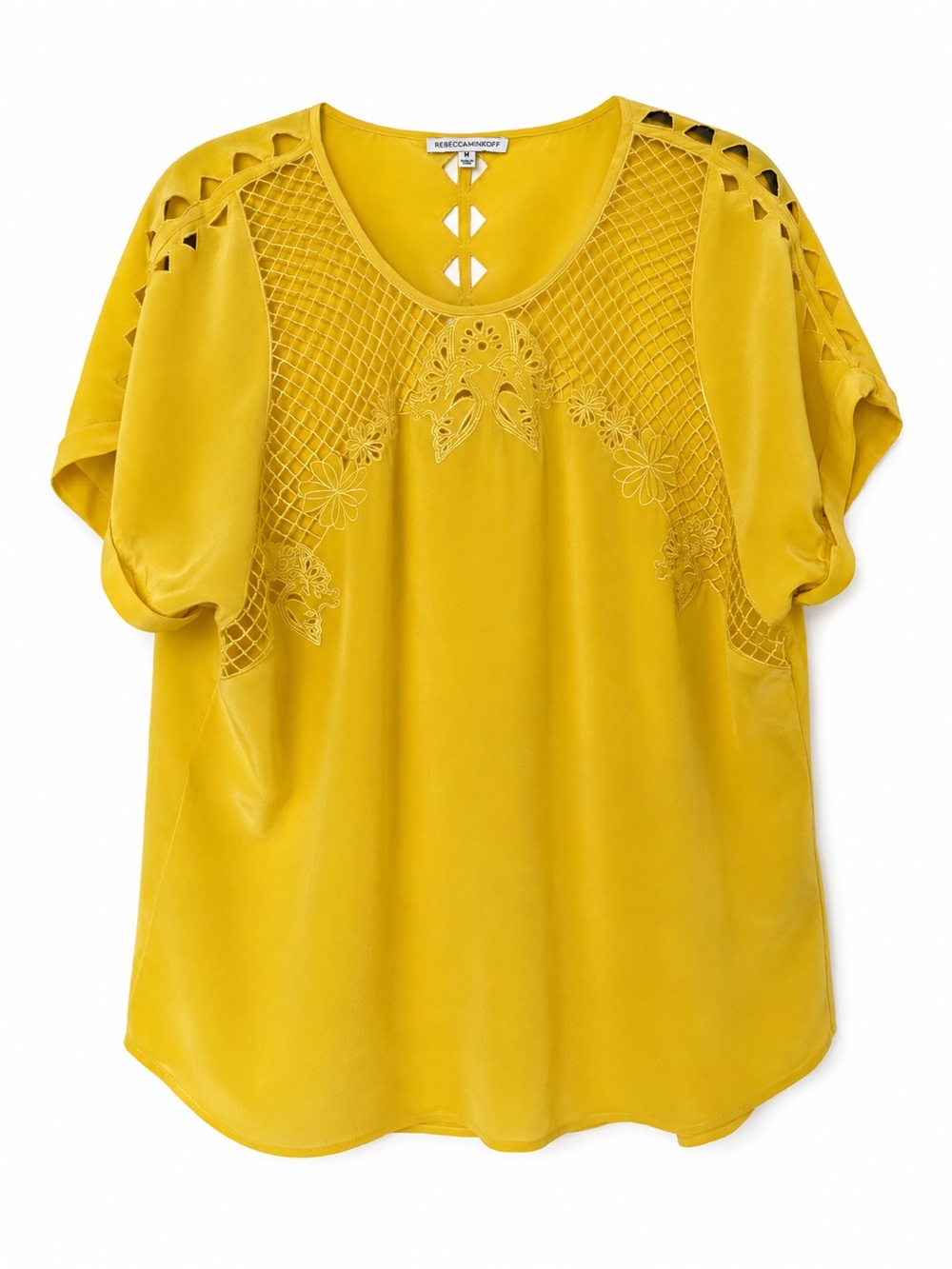 Rebecca Minkoff Yellow Silk Embroidered Cutout Blouse Size M Luxury